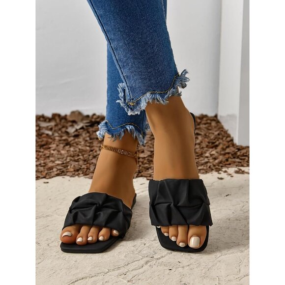 Women's Black Pleated Square Toe  Trendy Summer Slide Flat Sandals Shoes - Picture 3 of 5